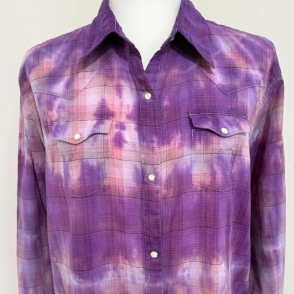 Wrangler Purple Plaid Tie-Dye Pearl Snap Western Rodeo Shirt Women's Size XL - Picture 2 of 4